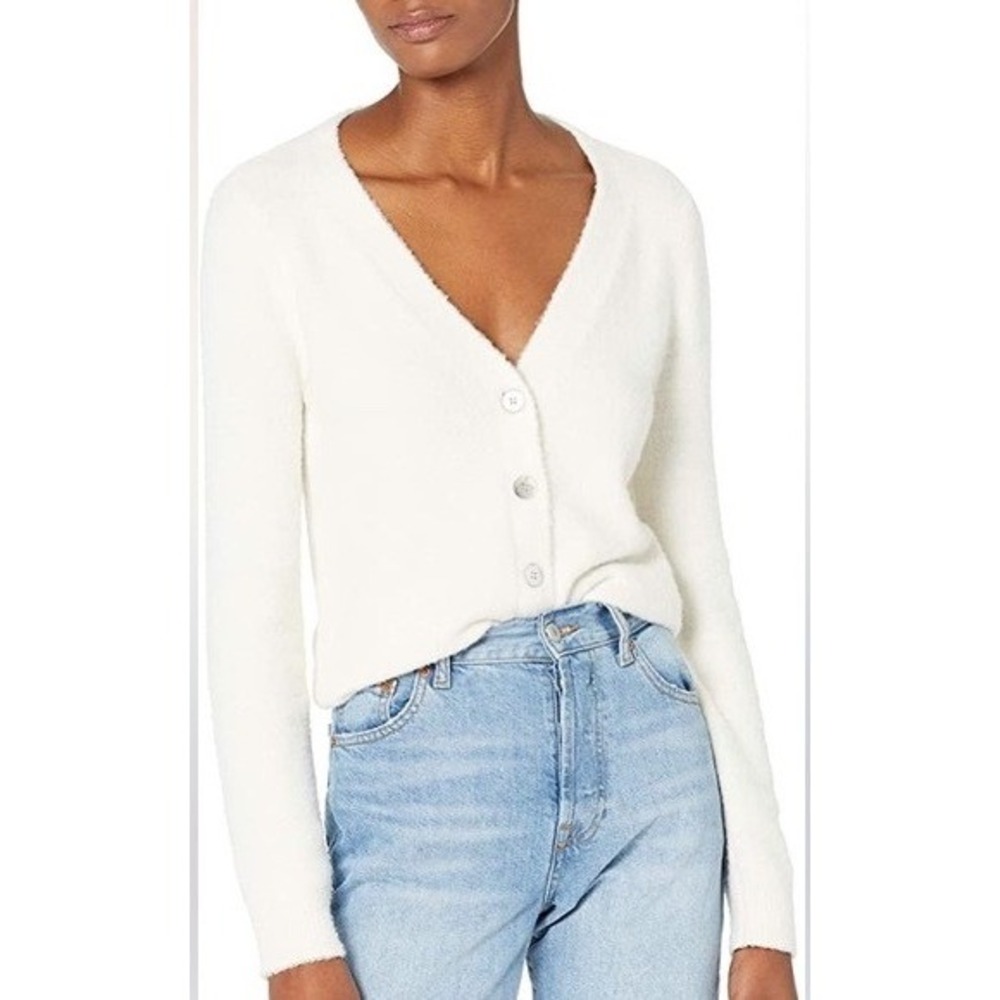 The Drop Francine V Neck Cardigan‎ Women Small Ivory Knit Cozy Fuzzy Sweater